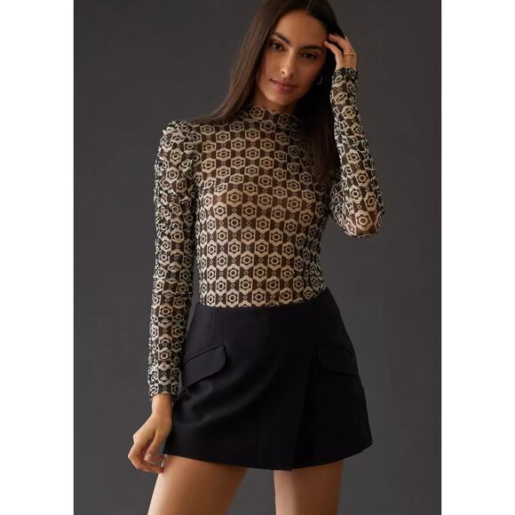 Maeve Tops - Maeve by Anthropologie Black White Long Sleeve Mesh Turtleneck Womens Medium